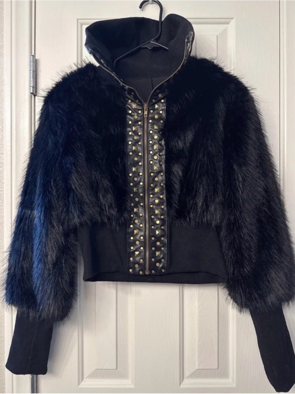 Black Faux-Fur Studded Zip-Front Jacket